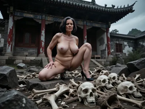 (a full-body view), With a 4 m setback, sitting, kneeling, squatting, lying, changing pose each time, (in a modern house), Designer furniture
old nude granny mature, sexy 69 years old, brunette, bob cut black hair, glamour, plump, big saggy tits, big tits, looking at the camera, naughty horny quiet face, nude seduction, full fine body view, sexy high black heels, showing armpit, high heels, saggy boobs, small saagy boos tits breasts
cinematic, realistic photography, a dilapidated ancient Chinese temple in ruins, weathered stone walls, old wooden pillars with peeling red paint, worn roof tiles, the foreground is littered with a large pile of animal skulls and bones scattered across rocky terrain, dark and eerie atmosphere, overcast sky, gloomy lighting, high contrast, mysterious and ominous mood, detailed textures of stone and bone, dark fantasy aesthetic, hyper-realistic, 8k resolution, cinematic composition.