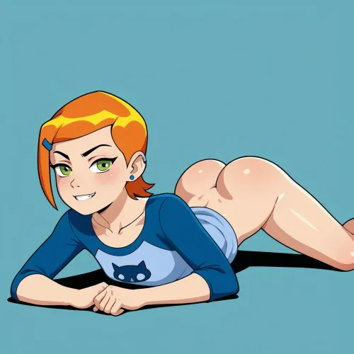 Single character, Gwen Tennyson from Ben 10, petite body, short stature, small frame, pale skin, white skin, lying on her stomach, legs spread, penetration, wearing a blue short-sleeved shirt with a white cat emblem and her signature blue hair clip, cartoon character, thick black outlines, bold simple lines, flat colors, cel shaded, mobile game art style, animated ad style, bright saturated colors, orange hair, simple facial features, minimal shading, clean background, 2D illustration, vector art style, cartoon network style, anime ad, heroic character, simplified details, high contrast, bold shapes, pop art influence, game advertisement, clear simple lines, vibrant colors, naked, limon tits, big ass.