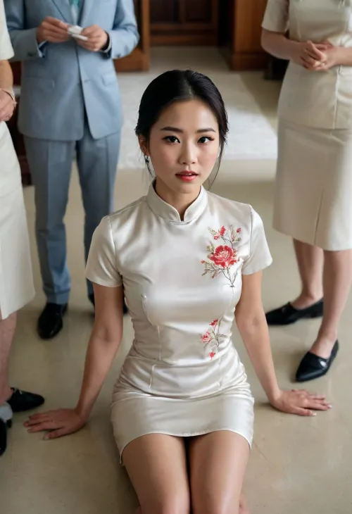 A beautiful, slender young woman—wearing a short-sleeved, off-white satin qipao featuring an embroidered print—kneels on the floor, looking up at several tall young men in suits who wear serious expressions. Captured from a high-angle perspective, she tilts her head back, her makeup is smudged by moisture, and her mouth is slightly parted, revealing perfect teeth as she wears an expression of excitement and intense emotion. Her skin is glistening with sweat and flushed—with a rosy tint on her chest—and she holds a submissive posture, her hands are perfectly formed and appear slightly tense, and she wears a collar while looking delighted. The scene is set in a detailed office environment where she is masturbating. The young men are dressed in suits. Her eyes are tightly shut, and her face is covered in ejaculated semen, with visible strands stretching from the fluid, from the high-angle view, semen is seen gushing from her mouth like a fountain.