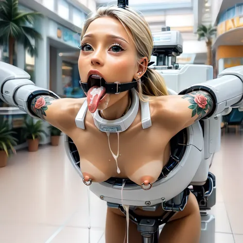 outdoors, (paradise island mall:1.3), (side POV view:1.3), ((narrow innocent looking face:1.7)), (light very white sci-fi bdsm low machine:1.7), ((white machine up to height of breast:1.8)), (young beautiful petite woman:1.7), (((girl is stuck leaning forward in a low horizontal hole with bdsm light machine:1.6))), ((lower body hidden to breasts into low horizontal machine:1.7)), (hands behind in machine:1.7), (((stuck from low horizontal rim machine:1.6))), ((electronic mouth spreader ring gag:1.7)), (very wide open mouth:1.6), ((model cutie:1.8)), (perfect:1.5), (slender fit skinny:1.6), (small thin waist:1.3), (tattooed wide shoulders:1.4), (clear narrow detailed perfect eyes:1.6), (looks up:1.3), (perfect lips), ((very long wide smooth light white tongue out down:1.7)), ((round tongue's end:1.6)), (piercing on center of tongue:1.3), (cum flows out from mouth:1.7), (cum on face:1.3), (light massive very oversized electronic collar device around very short throat:1.6), (blonde smooth silky long ponytail behind in machine:1.6), (firm perky implanted medium breasts:1.5), (her boobs is spread apart:1.6), (tan fair very oiled skin:1.6), (very beautiful perfect face:1.7), thin beautiful eyebrows, (very gorgeous:1.5), (sexy:1.4), (nipple ring piercings:1.4), (satisfied:1.6), (tattoo:1.3), (seductive sexy makeup:1.5), (long black eyelashes:1.4), lipstick, (stunning:1.3), (dimples on cheeks:1.4), (paradise island:1.3), (palm trees:1.2), (bright day:1.5), (masterpiece:1.1), <lora:skinny11:.5>, <lora:Microwaist_XL_v01:1.5>