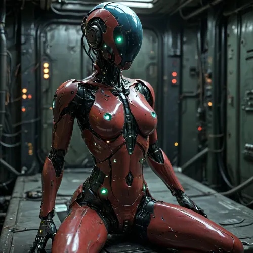 beautiful sexy slender 40 year old female robot naked, dark red body, very big breasts, large green circuit boards on breasts, red glowing colour luminescent boads on legs blue sparkling eyes, 20 circuit boards cover her head, green glowinng colour, muscled, bright blue bio luminesent, sitting on metal chair at flight deck controls, of cyberpunkk blue, shiny, space ship, dials screens control stick, flashing lights on panel, holding laser gun, good hands, perfect fingers, big futa metal cock and balls, <lora:cfg_scale_boost:.8>, noface, cyborg, <lora:Faceless_Cyborgs-000014:.8>, bioluminescent, glowing, <lora:Bio-Luminescence:.8>, circuitboard, futuristic, <lora:Dark_Futuristic_Circuit_Boards:.8>