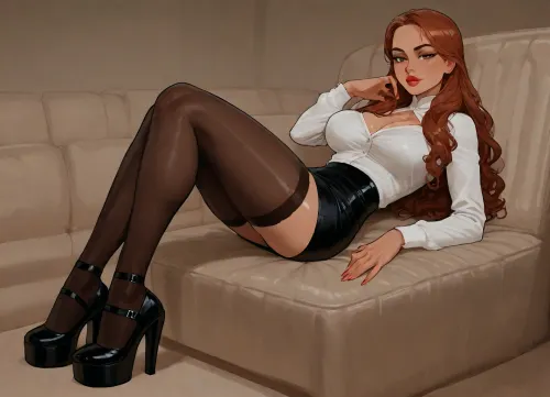 Incase style, Secretary girl, sexy pose, in the luxury office, long curled hair, black leather mini skirt, white blouse with a deep neckline, stockings, high‑platform shoes.Big fake lips, slutty makeup, <lora:Incase_Style__SDXL:1>, <lora:Nicky_XL:1>