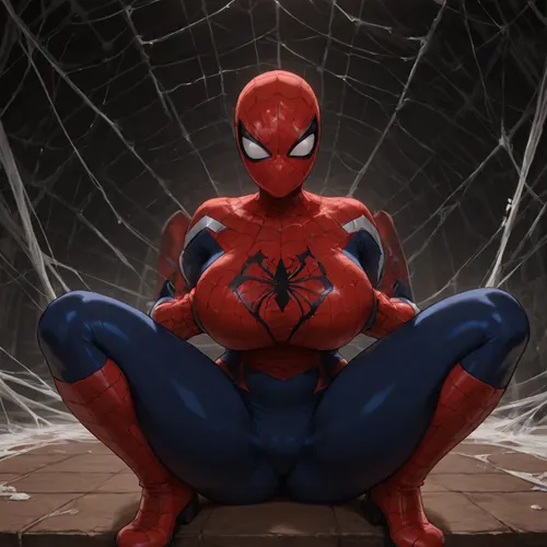 (Genderbent Spider-Man:1.6), full red and blue tight spandex spider-suit with black web pattern, white spider emblem on chest and back, large expressive eyes on mask, form-fitting full body coverage, athletic feminine figure, hourglass silhouette, detailed fabric texture, high collar, gloves, boots, (ultra, HD, quality, details), sitting on flat park bench, looking down, surprised face, blushing, lifting breasts with hands, struggling, enormous hyper inflated boobs, closeup view, sunny day, bright lighting, unfocused background, detailxl, <lora:add-detail-xl:.8>