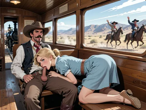 A scene from the Wild West in style of the 1860s, A very beautiful younger noble rich blonde innocent woman 18 yo with an elegant hairstyle with cute face, she dressed in light blue dress with lift up above the her butt dress. She travels in the carriage of a steam locomotive moving through the American Wild West. The carriage is simple, with polished wooden benches, polished wooden walls and ceiling. A man, dressedlike robber of the Wild West in cowboy hat, with waxed moustache is seated next to her With a mocking laugh. His trouser is unbuttoned and his erect penis and his hairy balls are visible. Young woman is lying facedown on the bench, head in his lap, sucking his cock, deepthroat, eyes wide. His hand on her head. As we drive past, the only things visible from the windows are mountain landscapes and unarmed Mexican bandits on horseback, waving their arms. Stylized manga-style illustration, elongated proportions, expressive eyes, graceful movements, dramatic but stylized lighting, gloomy elegance, emotional atmosphere, clear, precise lines, soft shading with subtle gradients, dot drawings, grayscale print texture, flat color fields, limited CMYK palette, contours in thick ink, retro offset printing, slight color shift, dynamic low-angle composition, bright midday sunlight, diagonal lines of movement, cinematic framing, retro energy of the comic panel