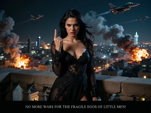 Ultra photorealistic cinematic nighttime war scene, absolute foreground dominated by an adult Iranian woman, 29, standing on a stone balcony high above Tehran, breathtakingly beautiful, extremely elegant, poised, statuesque, long dark hair moving slightly in the wind, refined features, dark eyes, fierce angry expression, unmistakably self-confident and defiant, directly facing the viewer, raising her middle finger in a clear obscene gesture. Wearing an exquisitely embroidered black semi-transparent negligee-like garment, sensual yet sophisticated. Maximum skin texture, dramatic rim light, realistic stone textures. Vast Tehran nightscape behind her with multiple bomb explosions, fireballs and smoke plumes, 2 American F-16s as sharp silhouettes overhead. Airborne haze, drifting smoke, subtle analog grain, cinematic color grading in deep blacks and cool blues with orange firelight. The photograph itself remains completely untouched by text. Beneath the image, add a narrow matte black border, centered within that border, small elegant uppercase lettering reading, "NO MORE WARS FOR THE FRAGILE EGOS OF LITTLE MEN!", muted silver-gray with an extremely subtle soft glow, understated and readable, no overlap with the photo, intimate human defiance against large-scale catastrophe