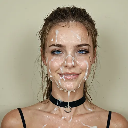 sexy face, exhausted, after blowjob, cum on face, perfect tits, drenched, cleavage, covered in cum, choker, cum around lips, blue eyes, exhausted cum everywhere, exited, smirk