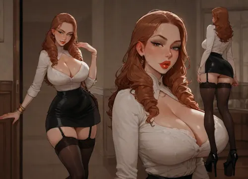 (Incase style), Secretary girl, sexy pose, in the luxury office, long curled hair, black leather mini skirt, white blouse with a deep neckline, stockings, high‑platform shoes.Big fake lips, slutty makeup, <lora:Incase_Style__SDXL:1>, <lora:Nicky_XL:1>