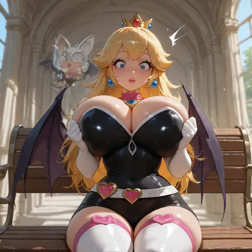 (Princess Peach:1.6), wearing, (Rouge the Bat’s classic outfit:1.5), black strapless jumpsuit with heart-shaped chest window, pink heart buckle belt, white gloves, white thigh-high boots with pink hearts, large white bat-like wings, pink heart earrings, white fur accents, long blonde hair, blue eyes, gold crown, elegant face, hourglass figure, large breasts, narrow waist, wide hips, (ultra, HD, quality, details), sitting on flat park bench, looking down, surprised face, blushing, lifting breasts with hands, struggling, enormous hyper inflated boobs, closeup view, sunny day, bright lighting, unfocused background, detailxl, <lora:add-detail-xl:.8>