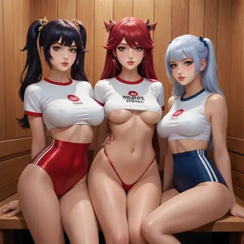 reiq style, All Girls Noelle xiangling xinyan rosaria amber barbara fischl Mona as adult from the game Genshin Impact, Sauna full-body image, dominatrix Yuri anime hentei girls gangang crossed_bangs gym uniform