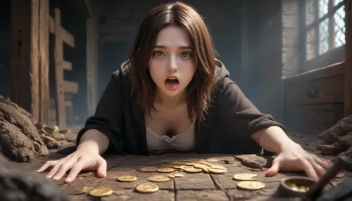young female adventurer 25 years old opening a living wooden treasure chest that is a monster, terrified expression, eyes wide open, mouth open in a scream, recoiling backward in shock, both hands still on the lid, leaning forward mid-flinch, leather armor, hooded cloak partly fallen back, satchel, belt with pouches, dagger at hip, brown hair with strands across face, sweat on forehead, torchlight on her face, the mimic, rectangular wooden chest, flat hinged lid flipped wide open as a gaping maw, upper jaw is the open lid, lower jaw is the front rim, rows of long jagged yellowish fangs lining both edges, teeth of varying sizes, some broken, glistening saliva strands between rows, thick muscular purple tongue lolling far out of the opening, curling downward over the front panel, wet textured tongue dripping drool, multiple fleshy writhing tentacles bursting from beneath the chest, from the seams of the sides and back, tentacles with small round suction cups, slick with dark slime, curling and reaching toward the woman, some gripping the stone floor, the top of the open lid densely covered with dozens of malevolent staring eyes of many sizes, each with a slit vertical pupil and bloodshot yellow sclera, wet glossy surface, some half-lidded, some wide open, all staring at the woman, chest body made of weathered dark oak planks with visible grain and cracks, bound by rusted iron bands, corroded metal corner brackets, old iron lock on the front panel, wood transitioning into wet organic flesh at the seams, environment, dark underground dungeon, mossy stone walls, scattered gold coins, jewels and old bones on the floor, dim flickering torchlight, deep shadows, volumetric dust, faint greenish glow from the eyes, fog near the floor, style, dark fantasy horror illustration, hyperrealistic, cinematic dramatic lighting, high contrast, dynamic action shot, D&D Monster Manual art, concept art, 8k, ultra detailed, sharp focus