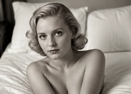 (in German Nazi art style), ((B&W, monochrome)), 1940s beauty standards, fully authentic photo in style of 1930's era, authentic historical photograph, original historic photograph, period-accurate photo, printed photo with paper defects, in style of 1940s B&W analog photo, 1940s model, beautiful German young woman, Nordic beauty, naked, natural blonde, 1940s hairstyle, protruding breasts, laying in bed on her back after hard sex, full-body shot