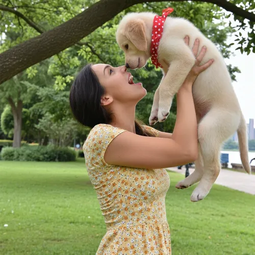 A candid outdoor lifestyle photograph of a young woman playfully holding a tiny cream-colored Golden Retriever puppy high in the air, her face tilted upward as the puppy leans down toward her. The woman is positioned in the center of the frame, her body angled slightly to the left, arms fully extended overhead to support the puppy. Her head is thrown back with her chin lifted, a wide, joyful open-mouthed smile stretching across her face. The puppy dangles with its front paws extended downward and its hind legs tucked, wearing a bright red polka-dot bandana around its neck. Her right hand firmly grips the puppy's chest and left front leg, while her left hand supports the puppy's midsection. The woman has dark brown hair. She wears a short-sleeved figure hugging yellow dress covered in a dense pattern of small white and orange floral motifs.

The setting is a lush, sunlit park with vibrant green lawn grass filling the lower and left portions of the frame. Behind her, a dense canopy of leafy green trees fills the background, rendered in soft, creamy bokeh that isolates the subjects from the environment. A thick tree branch arches diagonally from the upper left, adding a natural framing element. To the right, the background opens up slightly to reveal a blurry pathway and distant structures, suggesting a lakefront or city park on a bright, hazy day.

The lighting is soft, diffused natural daylight, likely an overcast or lightly shaded afternoon, creating gentle, even shadows and a warm, cheerful color grade with slightly lifted blacks and vibrant greens and yellows. The image has a shallow depth of field with smooth background separation. The color palette is dominated by natural greens, the warm yellow of her dress, the cream tone of the puppy's fur, and the pop of red from the bandana. Low-angle perspective slightly below the subjects, with the mood radiating pure affection, candid spontaneity, and summery warmth. Ultra-detailed, high resolution, natural skin texture, soft film-like grain, editorial lifestyle photography quality.