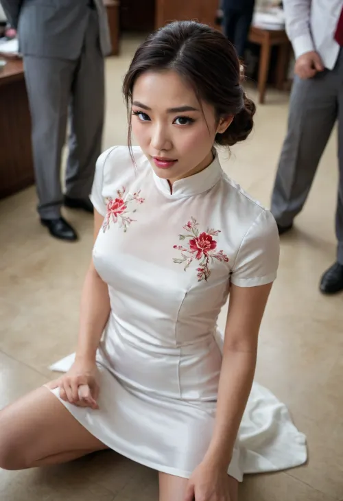 A beautiful, slender young woman—wearing a short-sleeved, off-white satin qipao featuring an embroidered print—kneels on the floor, looking up at several tall young men in suits who wear serious expressions. Captured from a high-angle perspective, she tilts her head back, her makeup is smudged by moisture, and her mouth is slightly parted, revealing perfect teeth as she wears an expression of excitement and intense emotion. Her skin is glistening with sweat and flushed—with a rosy tint on her chest—and she holds a submissive posture, her hands are perfectly formed and appear slightly tense, and she wears a collar while looking delighted. The scene is set in a detailed office environment where she is masturbating. The young men are dressed in suits. Her eyes are tightly shut, and her face is covered in ejaculated semen, with visible strands stretching from the fluid, from the high-angle view, semen is seen gushing from her mouth like a fountain.
