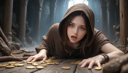 young female adventurer 25 years old opening a living wooden treasure chest that is a monster, terrified expression, eyes wide open, mouth open in a scream, recoiling backward in shock, both hands still on the lid, leaning forward mid-flinch, leather armor, hooded cloak partly fallen back, satchel, belt with pouches, dagger at hip, brown hair with strands across face, sweat on forehead, torchlight on her face, the mimic, rectangular wooden chest, flat hinged lid flipped wide open as a gaping maw, upper jaw is the open lid, lower jaw is the front rim, rows of long jagged yellowish fangs lining both edges, teeth of varying sizes, some broken, glistening saliva strands between rows, thick muscular purple tongue lolling far out of the opening, curling downward over the front panel, wet textured tongue dripping drool, multiple fleshy writhing tentacles bursting from beneath the chest, from the seams of the sides and back, tentacles with small round suction cups, slick with dark slime, curling and reaching toward the woman, some gripping the stone floor, the top of the open lid densely covered with dozens of malevolent staring eyes of many sizes, each with a slit vertical pupil and bloodshot yellow sclera, wet glossy surface, some half-lidded, some wide open, all staring at the woman, chest body made of weathered dark oak planks with visible grain and cracks, bound by rusted iron bands, corroded metal corner brackets, old iron lock on the front panel, wood transitioning into wet organic flesh at the seams, environment, dark underground dungeon, mossy stone walls, scattered gold coins, jewels and old bones on the floor, dim flickering torchlight, deep shadows, volumetric dust, faint greenish glow from the eyes, fog near the floor, style, dark fantasy horror illustration, hyperrealistic, cinematic dramatic lighting, high contrast, dynamic action shot, D&D Monster Manual art, concept art, 8k, ultra detailed, sharp focus