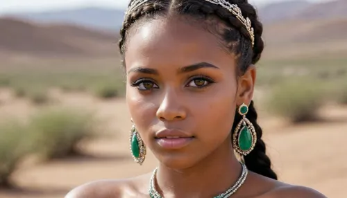 Masterpiece, realistic photography, of an enchanting African, 25 years-old, ultra-realistic, braided hair, flawless brown clear skin, detailed body, detailed face, realistic body, realistic face, beautiful piercing grey eyes, realistic eyes, angelic face, sultry looking, distant look, 3/4 view, dry desert tundra, background, peaceful face, wearing tiara, and earrings, with green emerald droplets, classic tribal outfit, close-up face, cinematic view, background blur, large format