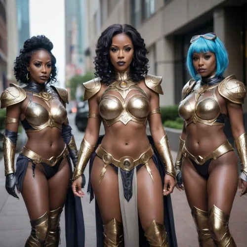 mythic hero oracle gang cosplay, black milfs, high fantasy