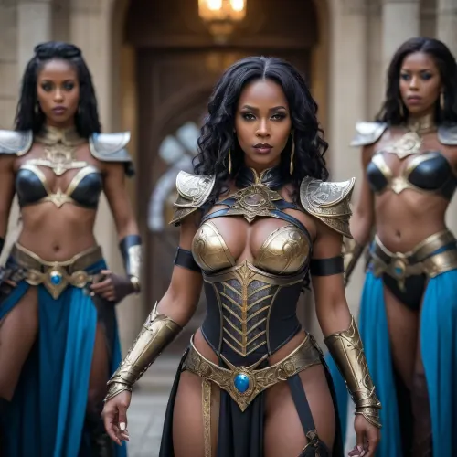 ebonguard temptress oracle gang cosplay, black milfs, high fantasy, exposed waist