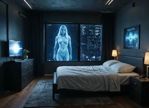 A highly detailed, photorealistic depiction of a futuristic bedroom, (featuring a human man and a holographic woman:1.3), the man is lounging in a sleek, modern bed, the room is illuminated by soft, ambient lighting, the walls are adorned with large LED panels displaying a futuristic cityscape, outside the window, a blurred view of a bustling metropolis with towering skyscrapers and flying vehicles, (the holographic woman appears translucent and ethereal:1.6), (her features are finely detailed but slightly transparent:1.4), (she radiates a soft glow:1.2), the room is minimalistic yet advanced, with smart furniture and adaptive technology, the focus remains on the intimate interaction between the man and the holographic woman, blending technology and reality in a seamless, futuristic ambiance