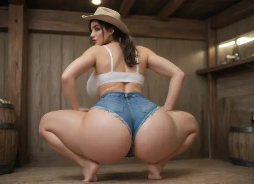 30+, fit, large Natural Breast, hyper erect nipples, Extremely Large ASS, huge bulging round ass, bulging bubble butt, massive underbutt, Ponytail, Waist Shot, Front View, Cosplay, Naked, western bar, old west bar, whiskey distillery, showing off her beautiful sagging boobs, beautiful face, beautiful eyes, slut, thick eyelashes, horny, pink lips, attractive face, round cheeks, model, massive bubble butt, deep ass crack, cleft ass cheeks big hips, phat legs, round buttocks, bulging butt, big soft squishy ass, extremely wide hips, thick fat thighs massive soft squishy ass, beautiful woman, sexy, big rounded bubble butt, wasp waist, huge wide hips, thick thighs, thighs bigger than waist, exaggerated wasp waist, pear shaped, huge hips, bbl, hyper bbl, oiled skin, no bra, wearing tight demin shorts, demin daisy dukes fray hem, skin tight micro demin shorts, old faded demin micro shorts, wearing a large stetson cowboy hat, soft lighting, standing in barn, looking back over shoulder at viewer, side view, front view, rear view, huge ass, giant hips, heavy natural boobs, squatting, longnips, photo, portrait, <lora:bombshell_v2:1.5>, <lora:longnipsxl:1.3>, <lora:real-humans-PublicPrompts:2>, ohwx, <lora:VioletMyers_SDXL_v1-000005:.8>, Curvy, body, <lora:b8174d41-8ba7-4318-bc14-53ee7e353d91.TA_trained:.8>