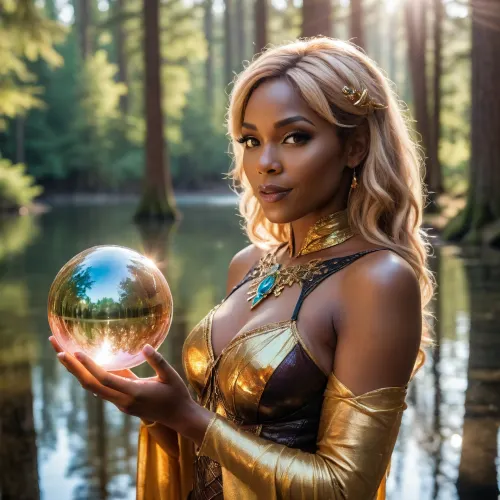 (sunprism oracle cosplay), black milf illuminated by bright rays of sunlight, smirking, holding a glass sunprism ball, Infront of mirror lake in the enchanted forest, high fantasy, close up, dawn, view from the side, mystical setting