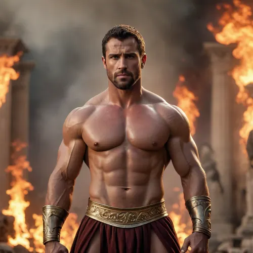 hercules grace god, massiv muscular body full man, warrior outfit, athen background, fire around