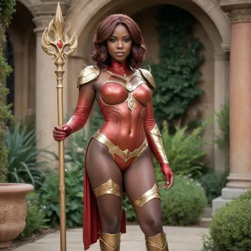 (sunstone oracle cosplay), dark skin milf, smirking, legs, leaning gilded sunstone staff, in the reliquary garden, high fantasy, close up