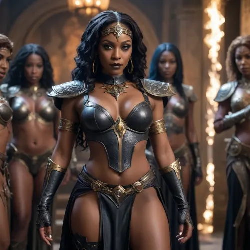 ebonguard temptress oracle gang cosplay, black milfs, high fantasy, exposed waist