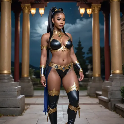 (view from side), (lunar priestess cosplay), (black bimbo), smirking, wide hips, (long high single ponytail), mythical imperial temple, nighttime, moonlight, high fantasy, close up, mystical setting, muscular legs
