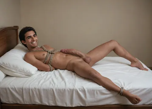 Masterpiece full body photo, cute man, (adult:1), (young:.2), naked, ((((alone)))), laying in bed, head on pillow, (showing off excessive cock:.92), cock has major dorsal recurve, big smile, legs spread apart, shibari, bound arms, bound hands, (masterpiece, best quality), perfect illumination, ((view from side)), 8K, UHD, sharp image, (best illumination), crystal clear image, best quality, ultra-detailed, fine detail, high res, highest quality, 8k wallpaper, high definition, ((highly detailed face)), <lora:JuggerCineXL2:.1>, <lora:photorealistic_portrait_notrigger:.1>, <lora:sdxl_vae:.5>, (Indian), (dark skin)