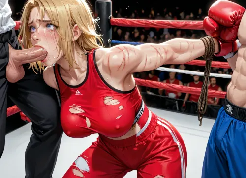 best quality, woman with long blonde hair, large breasts, red sports bra, ripped sweatpants, one breast exposed, ((whip marks on body)), hands tied with rope, (blowbang, face fuck), boxing ring, crying, tears, scared
