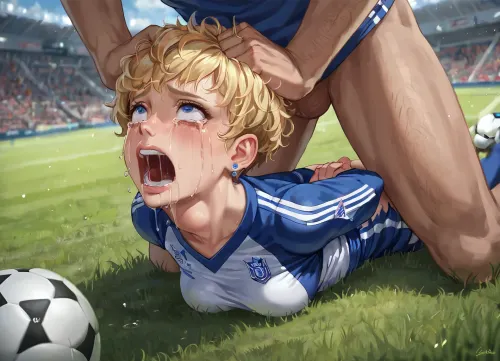 best quality, college student with blonde pixie cut, medium breasts, ripped soccer uniform, hands behind back, (Face fuck, deep throat), hair grab, soccer field, soccer team, brutal, crying, tears, scared