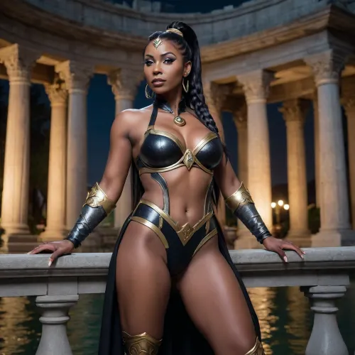 (view from side), (maelstrom priestess cosplay), (black thick milf), smirking, wide hips, (long high ponytail), mythical imperial temple, nighttime, moonlight, high fantasy, close up, mystical setting, muscular legs