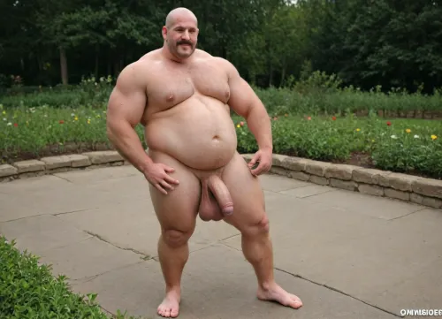 fat, obese, daddy, round belly, masturbates, erect cock, huge, moustache, muscular, pecs, gay, horny face, large cock, long cock, huge balls, sweaty, wet, large belly, pumped nipples, thick, musclegut, smooth body, extremely large balls, gigantic belly, hyper belly, garden, gardening, overall, bald, yoga practice, standing