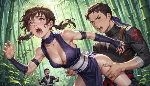 best quality, ninja girl with short brown hair in pigtails, athletic build, medium breasts, purple and black ninja costume with visible cleavage, (tied to spit that's carried by two men), bamboo forest, screaming, tears