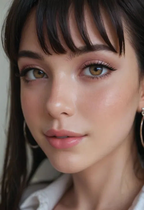 (close-up:1.3), of a young woman's face, (detailed eyes:1.2), brown eyes, (heavy makeup:1.1), long black eyelashes, dark purple eyeliner, (glossy pink lips:1.1), light pink blush, flawless skin, (black hair with bangs:1.2), framing the face, (nose ring:1), silver earrings, subtle smile., sucking, cock, Object, gd, erection, sex, toy, penis, large, <lora:cockteaseLoRASDXL:1>, <lora:Penis_XL:1.7>