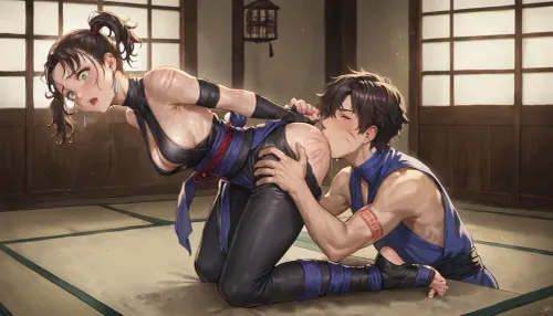 best quality, ninja girl with short brown hair in pigtails, athletic build, medium breasts, purple and black ninja costume with visible cleavage, (marks on arms, marks on back), kneeling, hands behind back, (anilingus), ninja dojo, afraid, tears
