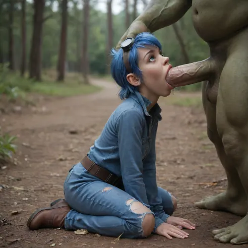 Gadget hackwrench is dressed in a jumpsuit, is aggressively blowing a massive green glowing orc out in the Capital Wastes. Interspecies, Gadget Hackwrench, huge penis, (reptilian penis), mutant male, monster blowjob, zoophilia, detailed faces detailed eyes, detailed mouth, detailed pupils, detailed teeth, HD, ultra detailed, outdoors, torn body suit, unzipped suit, glowing male, cum inside, radioactive male, (mind broken female:1.4), gloomy setting, (deep oral), capital wasteland setting, full body side view