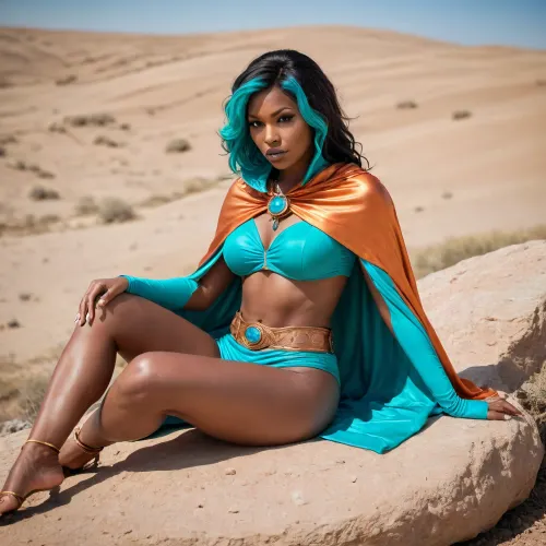 (copper sage cosplay), thick black milf, sunbathing, (jewelry), (copper piercings), (small turquoise hooded cape), (laying back against a rock), (at the steppe), (slick wavey hair), sandstorm background, (view from side), muscular legs, vibrant color, (high fantasy)