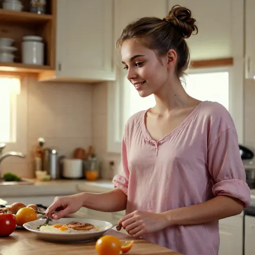a cheerful 20 year old woman in thin sleepshirt is preparing breakfast in the kitchen, messy bun, detailed face, glowing eyes, blushing, small nose, thin lips, perfect teeth, nude body shillouette, side view, peaceful vibes, high contrast, high saturation, braless>, <lora:detailed_notrigger:1.4>, <lora:bralessSDXL_v1_00022:.1>