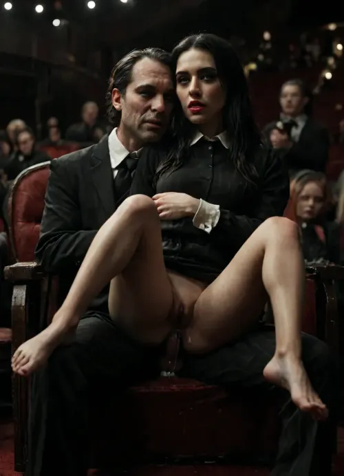 8k, score_9, score_8_up, score_7_up, horror, narrow waist, narrow hips, narrow calves, long slender legs, absurd_res, hi_res, (big man sitting on chair in a crowded movie_theater, girl on lap:1.1), open pants, hug, anal, pussy_juice, stealth_sex, cum, black outfit from Addams family, smug, surprised, exhausted, rolling_eyes, covering_mouth, detailed face, intricate details, hyperdetailed, very aesthetic, motion_lines, (((morticia from Addams family))), <lora:detailed_notrigger:2>, <lora:add-detail-xl:.8>, <lora:LCMTurboMix_Euler_A_fix:.8>, <lora:style_lora_realis:.8>, <lora:dark:.8>