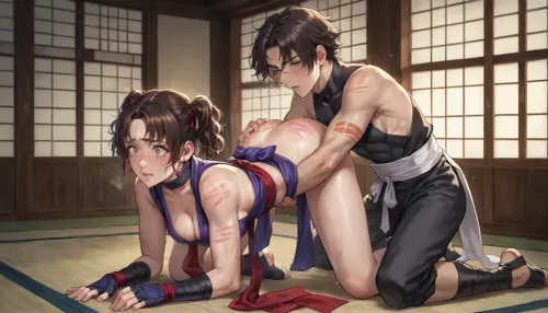 best quality, ninja girl with short brown hair in pigtails, athletic build, medium breasts, purple and black ninja costume with visible cleavage, (marks on arms, marks on back), kneeling, hands behind back, (anilingus on man), ninja dojo, afraid, tears