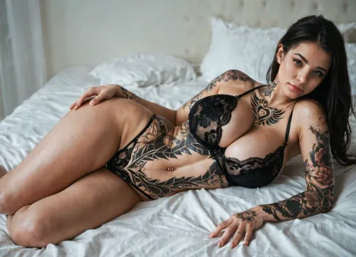 Top-down close-up view of a highly detailed, (body covered in tattoos:1.8), hyper-realistic woman lying on a bed with white sheets, wearing sheer black lace lingerie bodysuit with intricate floral patterns and open crotch design, thin black straps crossing the hips and abdomen, gold hardware accents, massive extremely voluptuous breasts overflowing the black lace bra cups with scalloped edges, deep cleavage, toned abdomen with subtle navel piercing, thick wide hips and thighs, glossy skin texture with natural shadows, real skin, no face visible, cropped from pelvis to upper chest, horizontal composition, soft bedroom lighting, ultra-detailed, masterpiece, best quality, 8k, photorealistic