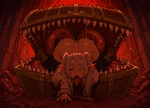 Freiren, (Frieren, Beyond Journey's End), on all fours ass up, head in monster mouth, giant mimic tongue and tentacles, tentacles in asshole, in dark dungeon. Orgasm face, mimic, large, teeth, gaping, maw, giant tongue, drool.

Dark moody lighting, angled side pov, detailed fave, large green eyes.

Frieren, 1girl, light, purple, hair, twintails, multicolored, eyes, earrings, capelet, jacket, striped, shirt, belt, skirt, pantyhose, brown, boots, tongue, out, ahegao, drool, <lora:EnvyMimicXL01:.5>, <lora:FrierenXL004:.5>, <lora:Lewd_dungeon_XD:.3>, <lora:ahegao_sdxl_v4:.3>