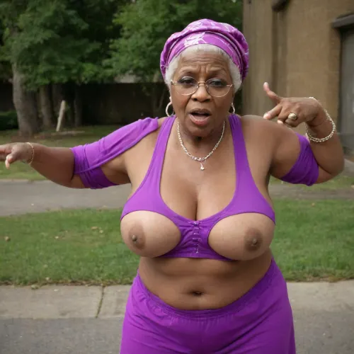 Very busty old grandmother rapper with oversized massive breast takes the pose, real grandmother style, perfect granny's body and face, retro 90's rapper, hiphop music, ghetto, crew, big title, "NO LIMIT GRANNY"
High detailed photo, high quality photo, music album cover layout, CD cover design, CD cover style