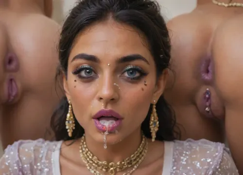 (high-quality facial detail:1.3), Indian sexy beautiful girl, (blue eyes:1.3), ((bimbo makeup, intense saturated glossy purple lipstick:1.2)), (Indian face:1.9), ((makeup:1.8), long blue eyelashes, olive eyeshadow with glitter), (lips:1.2), open mouth, saliva, in a transparent tight-fitting sequined dress, (pink-purple areoles are visible, nipples with piercings), an exquisite necklace and gold bracelets, (purple anus stretched around dildo), mid ejaculation, (penetration), she has long hair tied up in a bun, (purple pussy:1.7), nipple ringsnipple, (purple puffy anus:1.5), nipple ringsnipple rings, pussy view, slit pussy, slender long legs with a high waist, fishnet stockings, green stilettos, seductive grins, dark skin., (cum in mouth:1.3), (heavy pussy piercing:1.7), There is a lot of cum on the pubic area of the anus, chibi, <lora:Designer_BlindBox-000015:2>