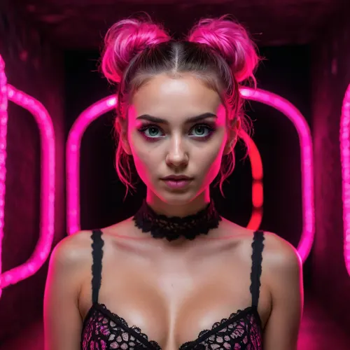 woman, (21 years old), neon pink, black light, phosphorescent, (messy bun), ((neon lace:1.3)), (detailed face and eyes:1.2), (fit), (innocent face:1.2), (dynamic light), (centered), (max detail), 8k, (cleavage), ((perfect nipples)), (((underground rave club))), secret, cyberpunk dance music, ((disco lights)), ambiance, facing camera, front view, symmetrical