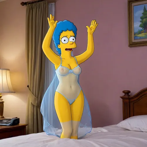 (Marge Simpso from the TV series "The Simpsons"), 80's animation, (animated drawings like Marge simpson), (((simpsons drawing style))), ((transparent nightdress, boobs and pussy visible)), full body wiev, blue hair, Simpstyle, <lora:SDXL-Simpstyle-Lora-v2-r16:1.6>