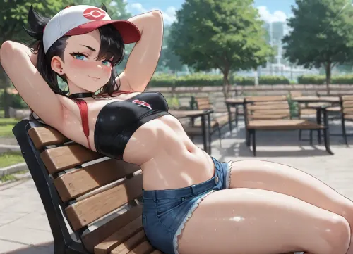 Marnie from pokemon, (solo:1.3), park, trees, beautiful sky, summer day, bright sun, small earrings, (blue jeans mini shorts:1.1), (small black tube top:1.1), white baseball cap, (lace top:.8), (very athletic:1.3), (sassy:1.2), smile, (blushing:1.2), (sparkling eyes:1.2), glowing eyes, (big tits:.7), looking at viewer, hard nipples, (side view:1.1), sitting on bench, leaning back, arms behind head, (sweating:1.1), shiny skin