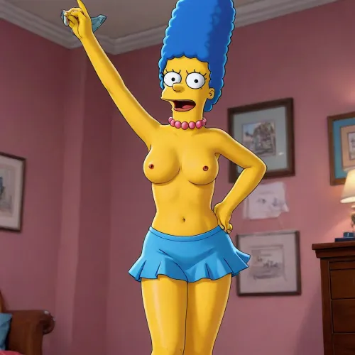 (Marge Simpso from the TV series "The Simpsons"), 80's animation, (animated drawings like Marge simpson), (((simpsons drawing style))), red skirt, upskirt, panties, blue hair, Simpstyle, <lora:SDXL-Simpstyle-Lora-v2-r16:2>