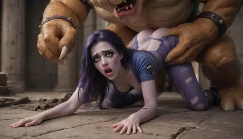 (crying, tears, screaming, ruined makeup, shocked face), (realistic:1), in a castle, (widowmaker from overwatch), torn clothes, (She is getting fucked from behind in doggy by a Giant monster bowser grabbing her head:1.2), bending over, full body view, Bowser, SDXL, <lora:add-detail-xl:1>, <lora:sunnyrayyxo_v1_SDXLBase:.9>, <lora:Bowser_V5:.5>, <lora:FaeStyle:1.2>